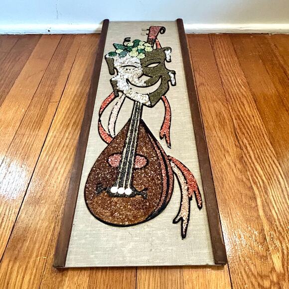 Vintage Mid-Century Gravel Art Wall Hanging – Abstract Musician with Lute - Picture 4 of 16